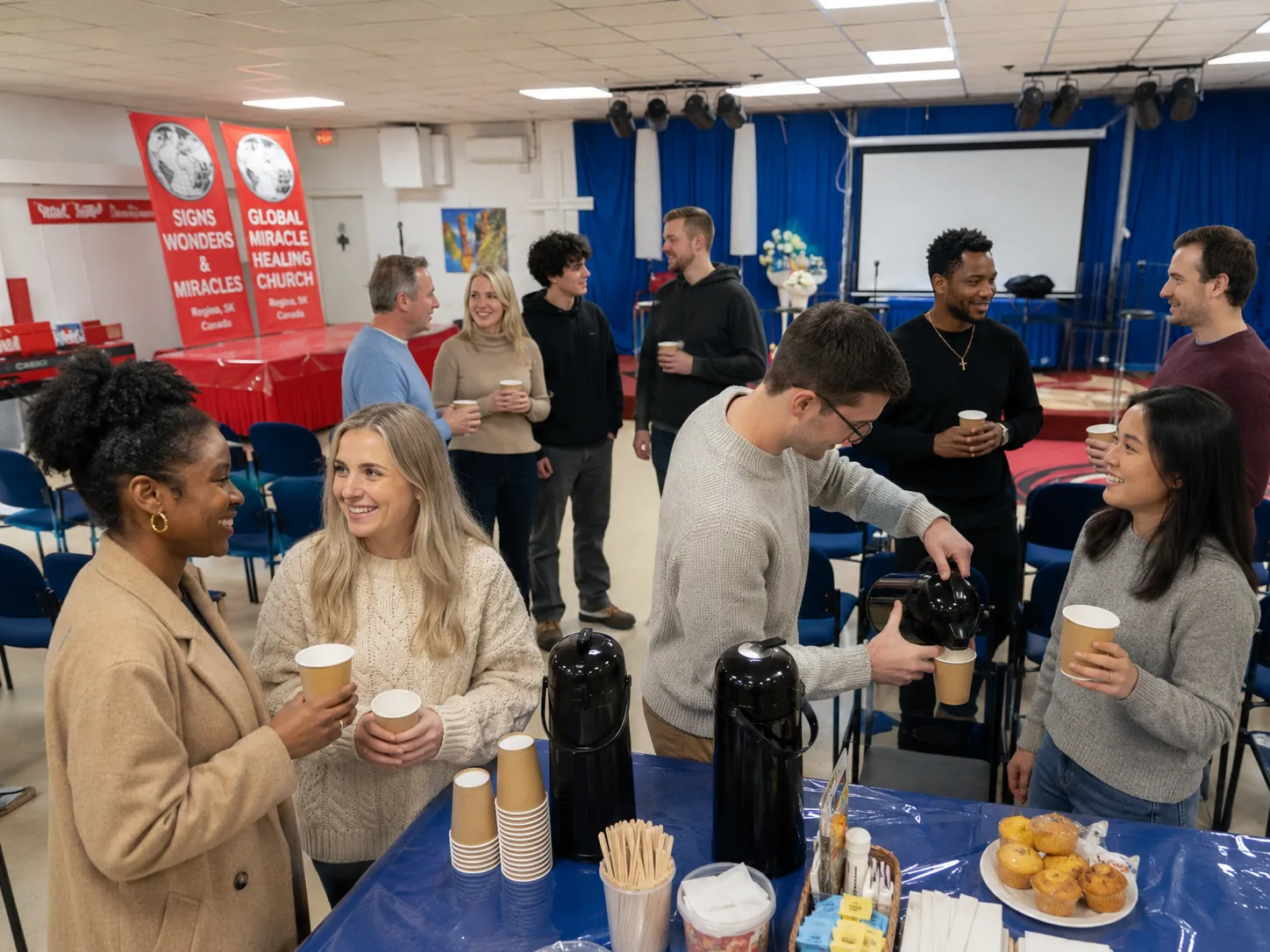 Church members enjoying coffee, refreshments, and warm conversation in the welcome lobby