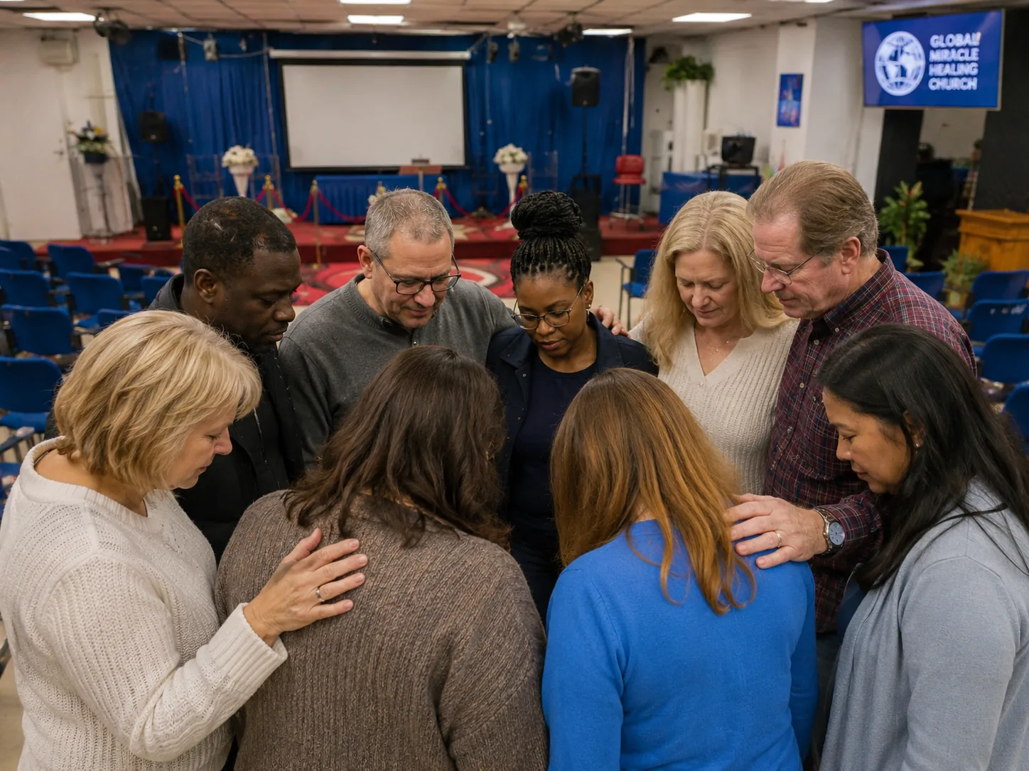 A close-knit group of people holding hands and praying together in a unified circle